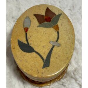 Fetco 3" Oval Soapstone Box with Lid and Floral Design w/ Mother of Pearl Inset